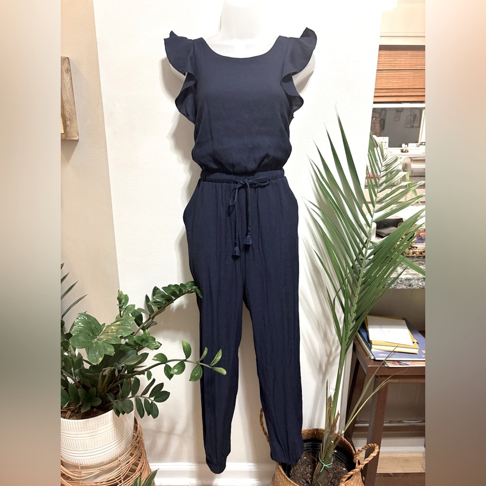 Navy blue linen jumpsuit, size small